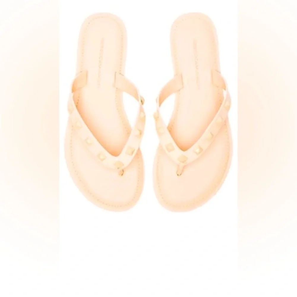 REBECCA MINKOFF Fiona Leather Nude Studded Flip Flops Thong Sandals Tan Shoes